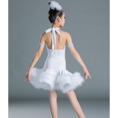 White feather competition latin dance dresses for girls kids halter neck salsa latin performance costumes for children